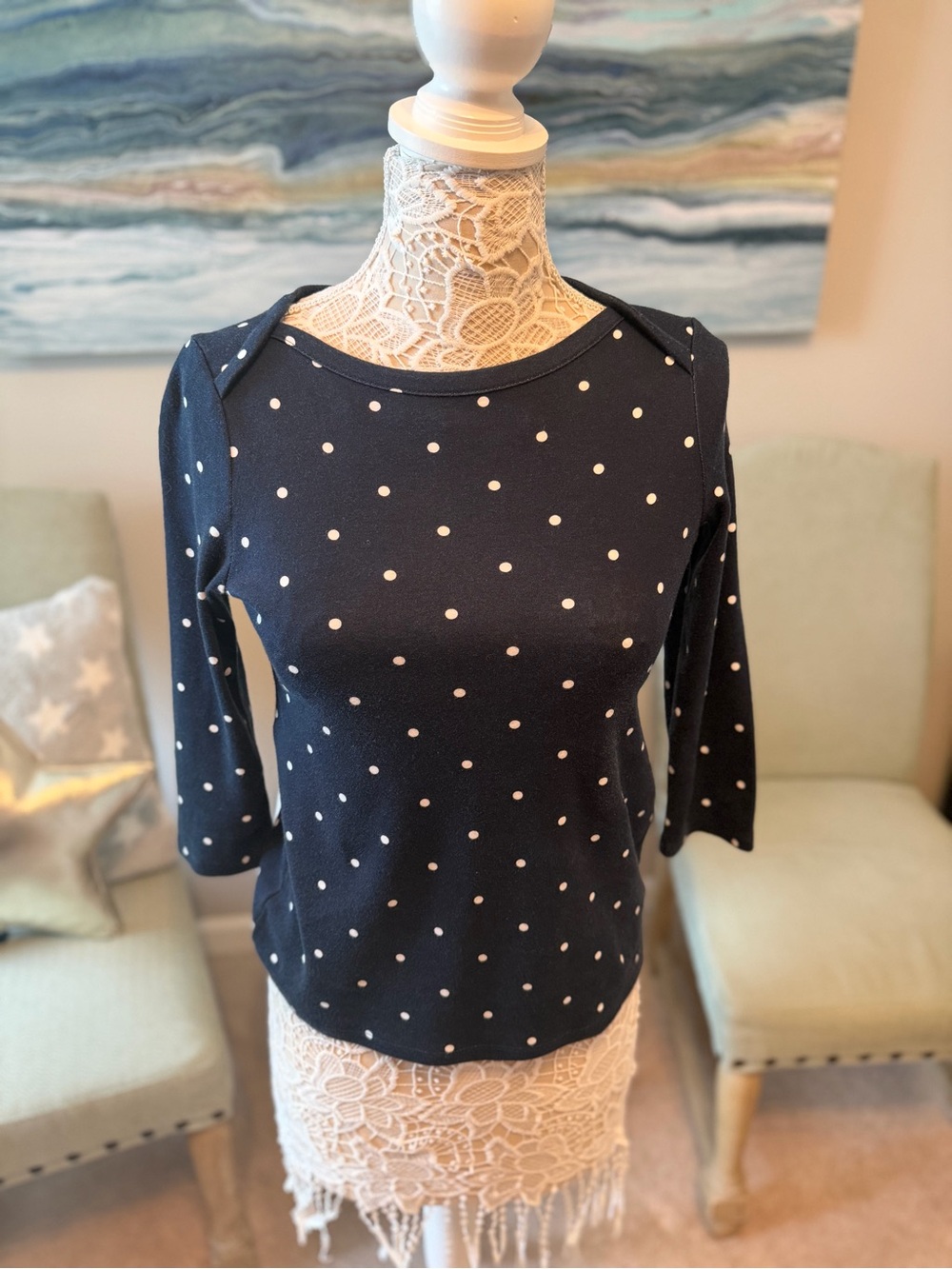 Petite Small Navy Polka Dot Sleeve Women's Top